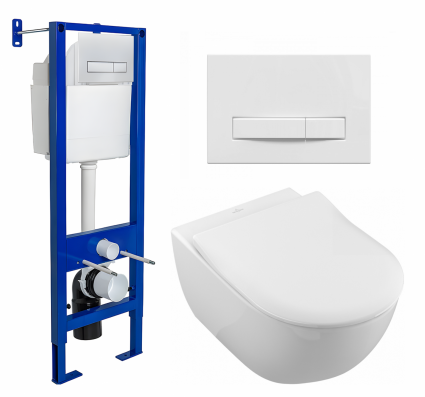 Комплект 3 в 1 инсталляция Berges Wasserhaus Atom Line 410 +  Унитаз подвесной Villeroy & Boch Subway 2.0 5614R201 + кнопка белая