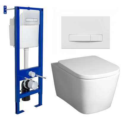 Комплект 3 в 1 инсталляция Berges Wasserhaus Atom Line 410 + Унитаз подвесной BelBagno Albano BB120CHR + кнопка белая