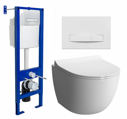 Комплект 3 в 1 инсталляция Berges Wasserhaus Atom Line 410 + Унитаз подвесной VitrA Sento 7748В003-0075 + кнопка белая