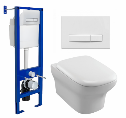 Комплект 3 в 1 инсталляция Berges Wasserhaus Atom Line 410 + Унитаз подвесной Jacob Delafon Vox EDM102-00 + кнопка белая