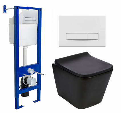 Комплект 3 в 1 инсталляция Berges Wasserhaus Atom Line 410 + Подвесной унитаз WeltWasser Gelbach 043 MT-BL + кнопка белая
