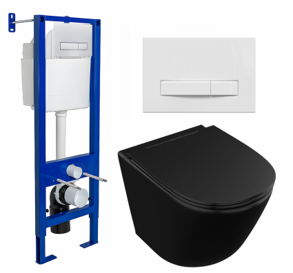 Комплект 3 в 1 инсталляция Berges Wasserhaus Atom Line 410 + Унитаз подвесной Owl 1975 Vind Cirkel-H Matt Black OWLT190305 + кнопка белая