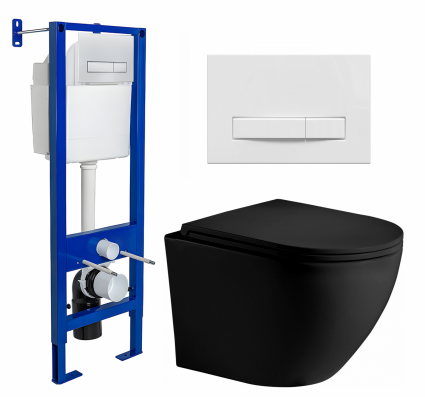 Комплект 3 в 1 инсталляция Berges Wasserhaus Atom Line 410 + Унитаз подвесной Weltwasser WW Merzbach 043 MT-BL + кнопка белая