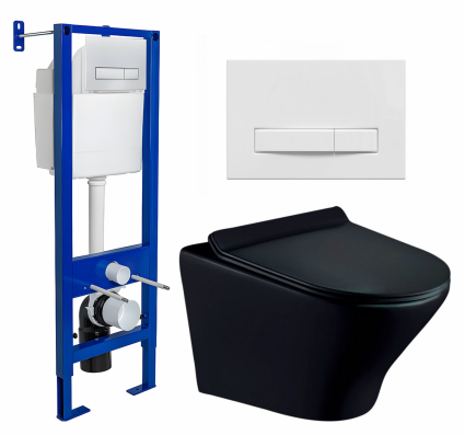 Комплект 3 в 1 инсталляция Berges Wasserhaus Atom Line 410 + Унитаз подвесной Esbano Aster ESUPASTEBM + кнопка белая