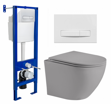 Комплект 3 в 1 инсталляция Berges Wasserhaus Atom Line 410 + Унитаз подвесной Weltwasser WW Merzbach 043 MT-GR + кнопка белая