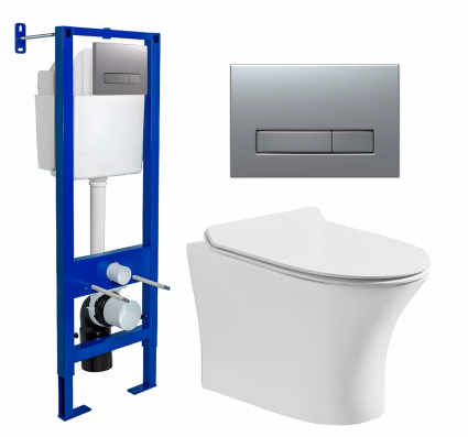 Berges Wasserhaus Комплект 3 в 1 инсталляция Berges Atom Line 410 + Подвесной безободковый унитаз CeruttiSpa Bernina aria CT7191 + кнопка хром матовая