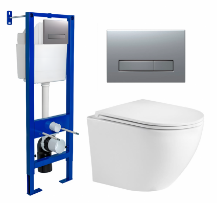 Berges Wasserhaus Комплект 3 в 1 инсталляция Berges Atom Line 410 + Подвесной унитаз WeltWasser Merzbach 043 GL-WT + кнопка хром матовая
