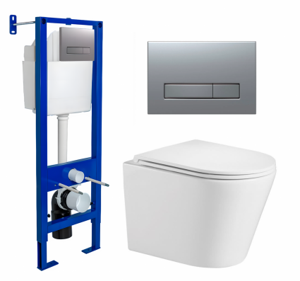 Berges Wasserhaus Комплект 3 в 1 инсталляция Berges Atom Line 410 + Подвесной унитаз WeltWasser Salzbach 043 GL-WT + кнопка хром матовая