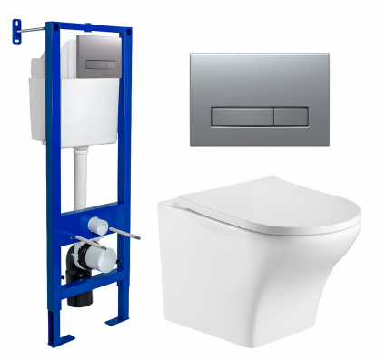 Berges Wasserhaus Комплект 3 в 1 инсталляция Berges Atom Line 410 + Подвесной унитаз WeltWasser Odenbach 004 GL-WT + кнопка хром матовая