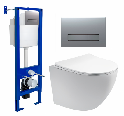 Berges Wasserhaus Комплект 3 в 1 инсталляция Berges Atom Line 410 + Унитаз подвесной Акватек Европа AQ1900-00 + кнопка хром матовая