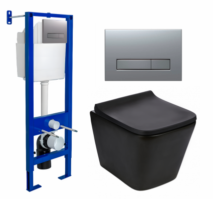 Berges Wasserhaus Комплект 3 в 1 инсталляция Berges Atom Line 410 + Подвесной унитаз WeltWasser Gelbach 043 MT-BL + кнопка хром матовая
