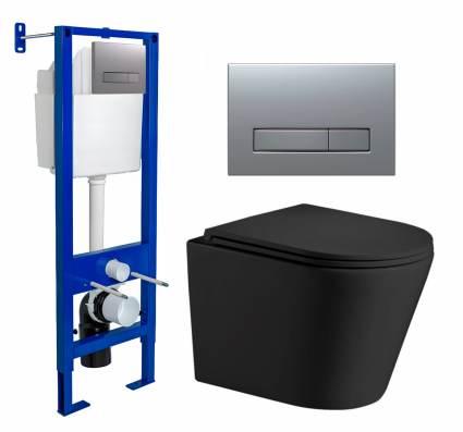 Berges Wasserhaus Комплект 3 в 1 инсталляция Berges Atom Line 410 + Подвесной унитаз WeltWasser Salzbach 043 MT-BL + кнопка хром матовая