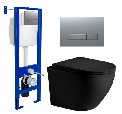 Berges Wasserhaus Комплект 3 в 1 инсталляция Berges Atom Line 410 + Унитаз подвесной Weltwasser WW Merzbach 043 MT-BL + кнопка хром матовая