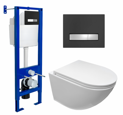 Berges Wasserhaus Комплект 3 в 1 инсталляция Berges Atom Line 410 + Подвесной безободковый унитаз CeruttiSpa Sella aria CT7183 + кнопка черная, хром