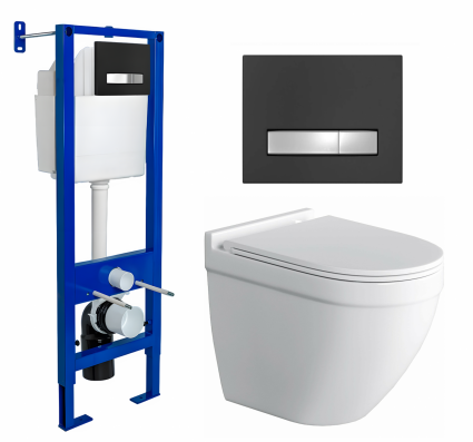 Berges Wasserhaus Комплект 3 в 1 инсталляция Berges Atom Line 410 + Унитаз подвесной Owl 1975 Cirkel-H + кнопка черная, хром