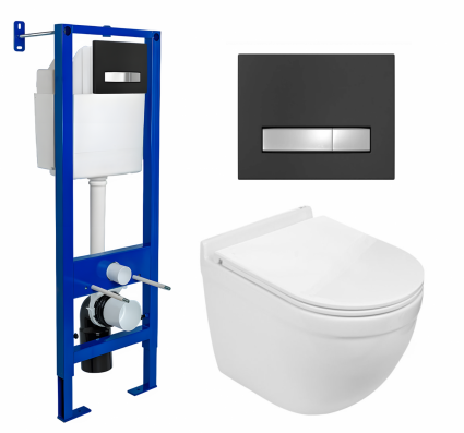 Berges Wasserhaus Комплект 3 в 1 инсталляция Berges Atom Line 410 + Подвесной унитаз WeltWasser Heimbach 043 GL-WT + кнопка черная, хром