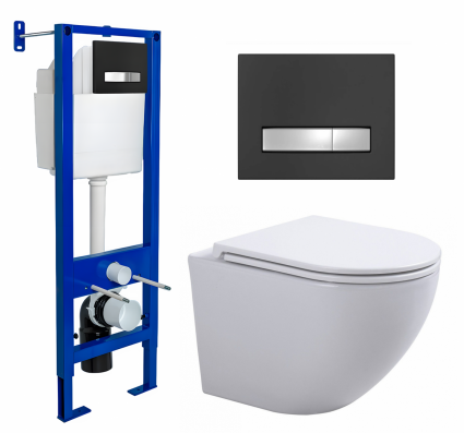 Berges Wasserhaus Комплект 3 в 1 инсталляция Berges Atom Line 410 + Подвесной унитаз SinteSi EVI + кнопка черная, хром
