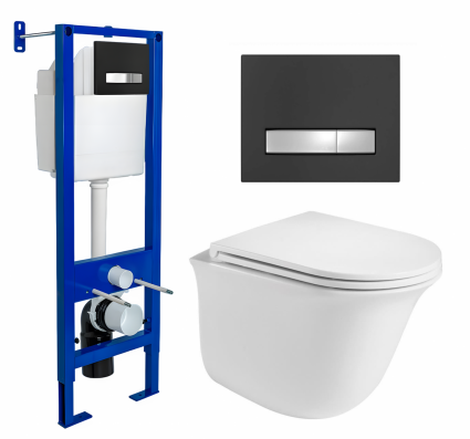 Berges Wasserhaus Комплект 3 в 1 инсталляция Berges Atom Line 410 + Подвесной унитаз WeltWasser Telbach 004 GL-WT + кнопка черная, хром