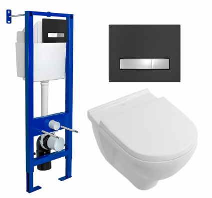Berges Wasserhaus Комплект 3 в 1 инсталляция Berges Atom Line 410 + Унитаз подвесной Villeroy & Boch O Novo Directflush + кнопка черная, хром