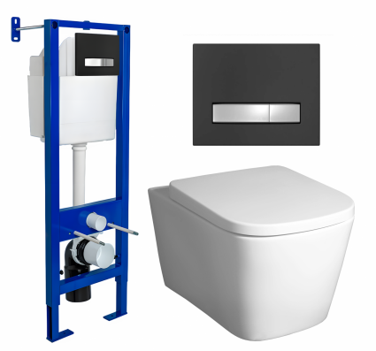 Berges Wasserhaus Комплект 3 в 1 инсталляция Berges Atom Line 410 + Унитаз подвесной BelBagno Albano BB120CHR + кнопка черная, хром
