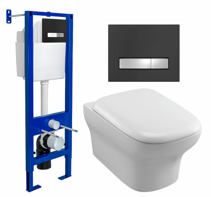 Berges Wasserhaus Комплект 3 в 1 инсталляция Berges Atom Line 410 + Унитаз подвесной Jacob Delafon Vox EDM102-00 + кнопка черная, хром