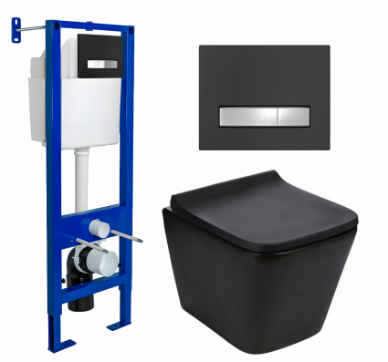 Berges Wasserhaus Комплект 3 в 1 инсталляция Berges Atom Line 410 + Подвесной унитаз WeltWasser Gelbach 043 MT-BL + кнопка черная, хром