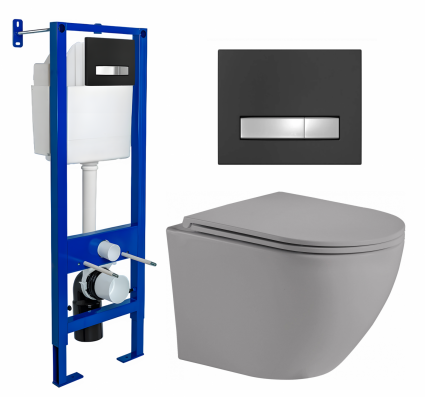 Berges Wasserhaus Комплект 3 в 1 инсталляция Berges Atom Line 410 + Унитаз подвесной Weltwasser WW Merzbach 043 MT-GR + кнопка черная, хром