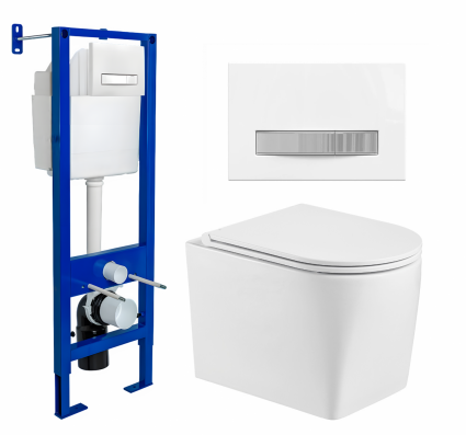 Berges Wasserhaus Комплект 3 в 1 инсталляция Berges Atom Line 410 + Унитаз подвесной WeltWasser Nesenbach 004 GL-WT + кнопка белая, хром