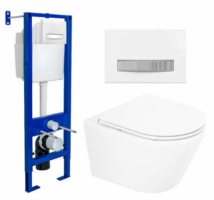 Berges Wasserhaus Комплект 3 в 1 инсталляция Berges Atom Line 410 + Унитаз подвесной BelBagno Tre BB8001CHR/SC + кнопка белая, хром