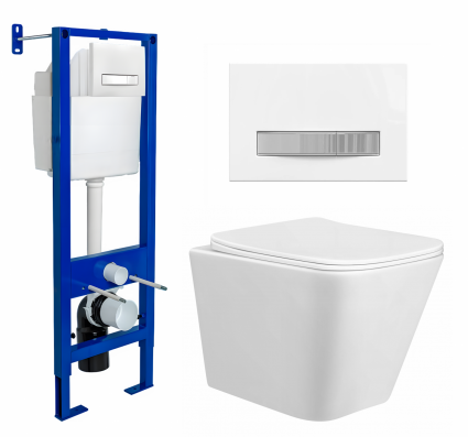 Berges Wasserhaus Комплект 3 в 1 инсталляция Berges Atom Line 410 + Унитаз подвесной Taliente Correto CR25200 + кнопка белая, хром