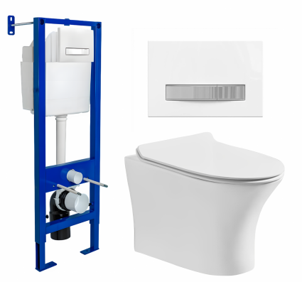 Berges Wasserhaus Комплект 3 в 1 инсталляция Berges Atom Line 410 + Подвесной безободковый унитаз CeruttiSpa Bernina aria CT7191 + кнопка белая, хром