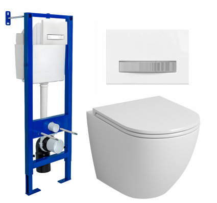 Berges Wasserhaus Комплект 3 в 1 инсталляция Berges Atom Line 410 + Унитаз подвесной Grossman GR-4455S + кнопка белая, хром