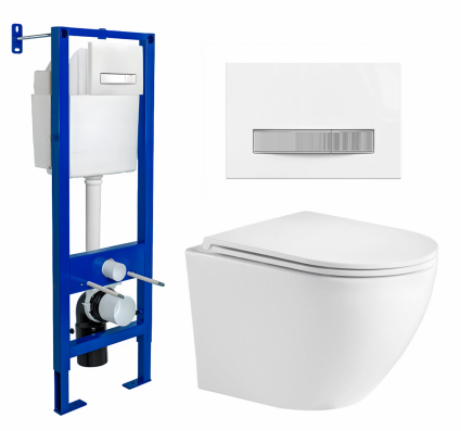 Berges Wasserhaus Комплект 3 в 1 инсталляция Berges Atom Line 410 + Подвесной унитаз WeltWasser Merzbach 043 GL-WT + кнопка белая, хром