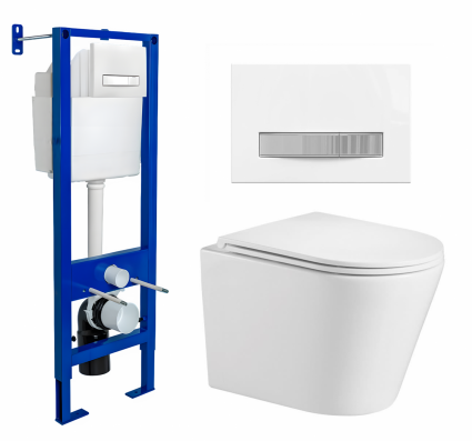 Berges Wasserhaus Комплект 3 в 1 инсталляция Berges Atom Line 410 + Подвесной унитаз WeltWasser Salzbach 043 GL-WT + кнопка белая, хром