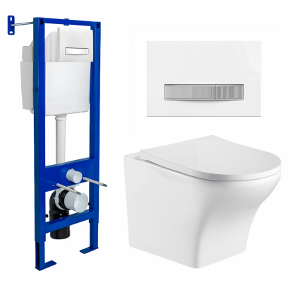 Berges Wasserhaus Комплект 3 в 1 инсталляция Berges Atom Line 410 + Подвесной унитаз WeltWasser Odenbach 004 GL-WT + кнопка белая, хром