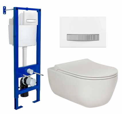 Комплект 3 в 1 инсталляция Berges Atom Line 410 + Унитаз подвесной Berges Wasserhaus Ego XL 082118 + кнопка белая, хром