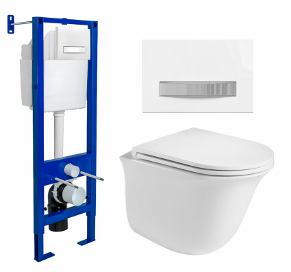 Berges Wasserhaus Комплект 3 в 1 инсталляция Berges Atom Line 410 + Подвесной унитаз WeltWasser Telbach 004 GL-WT + кнопка белая, хром