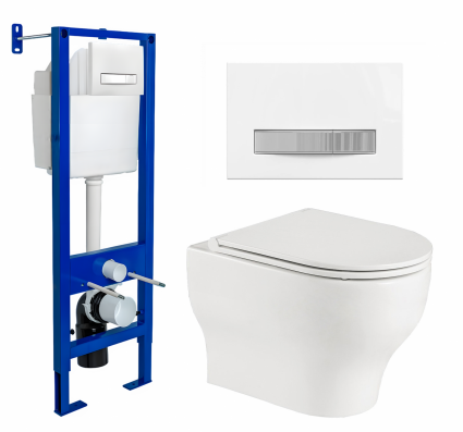 Berges Wasserhaus Комплект 3 в 1 инсталляция Berges Atom Line 410 + Подвесной унитаз WeltWasser Erlenbach 004 GL-WT + кнопка белая, хром