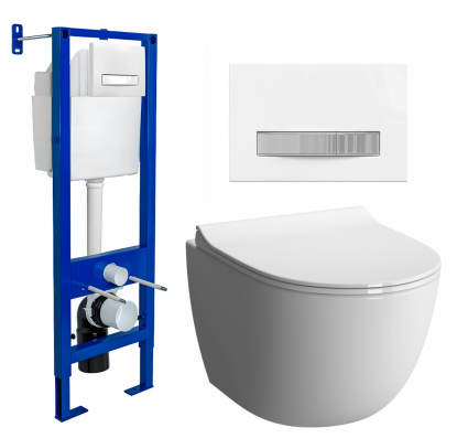 Berges Wasserhaus Комплект 3 в 1 инсталляция Berges Atom Line 410 + Унитаз подвесной VitrA Sento 7748В003-0075 + кнопка белая, хром