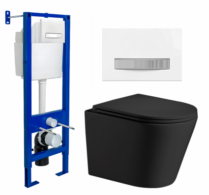 Berges Wasserhaus Комплект 3 в 1 инсталляция Berges Atom Line 410 + Подвесной унитаз WeltWasser Salzbach 043 MT-BL + кнопка белая, хром