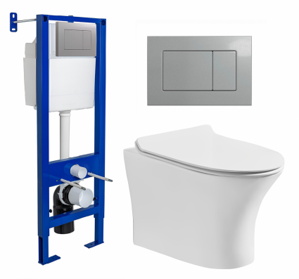 Berges Wasserhaus Комплект 3 в 1 инсталляция Berges Atom 410 + Подвесной безободковый унитаз CeruttiSpa Bernina aria CT7191 + кнопка хром матовая