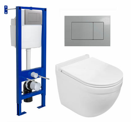 Berges Wasserhaus Комплект 3 в 1 инсталляция Berges Atom 410 + Подвесной унитаз WeltWasser Heimbach 043 GL-WT + кнопка хром матовая