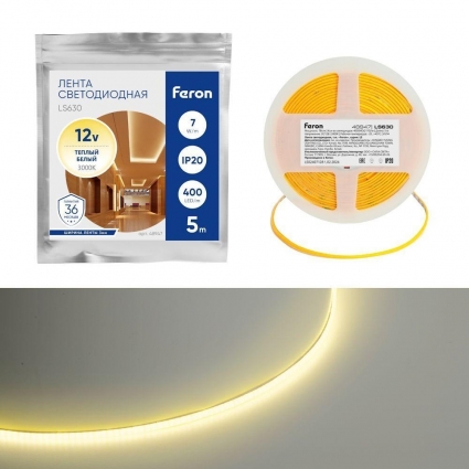 Светодиодная лента Feron 7W/m 400LED/m COB теплый белый 5М LS630 48947 цвет желтый, мощность 35 Вт