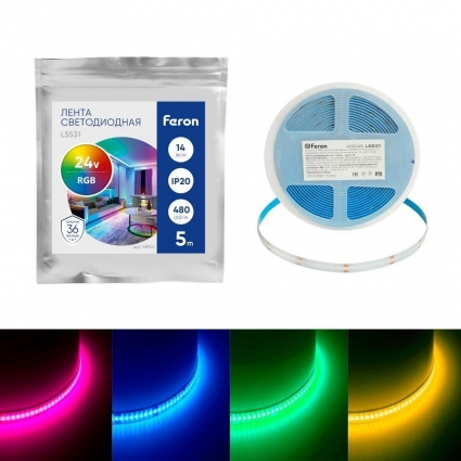Светодиодная лента Feron 14W/m 480LED/m COB RGB 5М LS531 48946 цвет желтый, мощность 70 Вт
