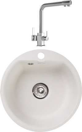 Комплект Мойка кухонная GranFest Smart SM 435 белый + Смеситель MEGA Life MG-TK06 хром матовая, круглая