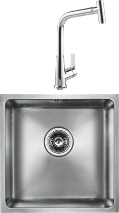 Комплект Мойка кухонная Paulmark Lassan 304444-BS брашированная нержавеющая сталь + Смеситель MEGA Life MG-TK09 хром квадратная,  в современном стиле