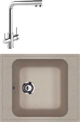 Комплект Мойка кухонная Ulgran U-604 -302 песочная + Смеситель MEGA Life MG-TK05 хром матовая, прямоугольная