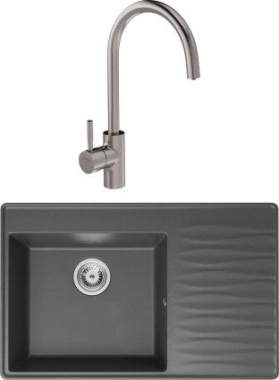 Комплект Мойка кухонная Domaci Римини DG 79-503 серая + Смеситель STWORKI HSTW07200 никель матовая, прямоугольная