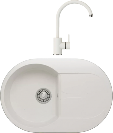 Комплект Мойка кухонная Polygran Atol 679030 белый хлопок + Смеситель Элара 660724 белый хлопок матовая, овальная