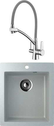 Комплект Мойка кухонная Ulgran U-404 -310 серая + Смеситель Lemark Comfort LM3071C-Gray с гибким изливом, хром, серый, матовая, прямоугольная